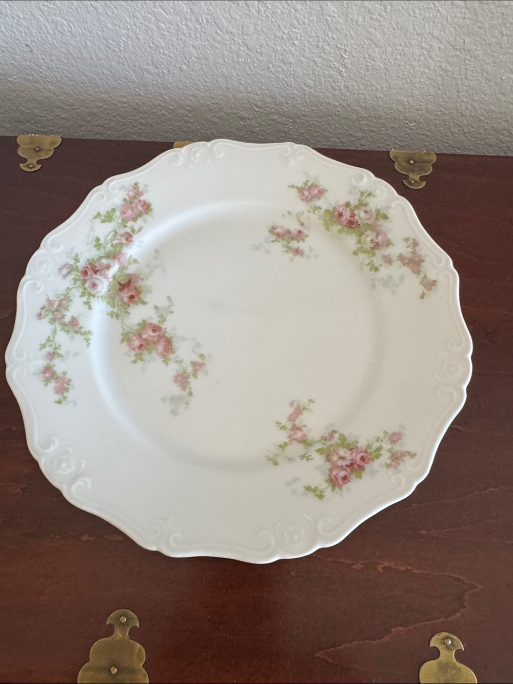 Vintage White Porcelain Basset Limoges Dinner Plate Pink Roses Austria Set of 7